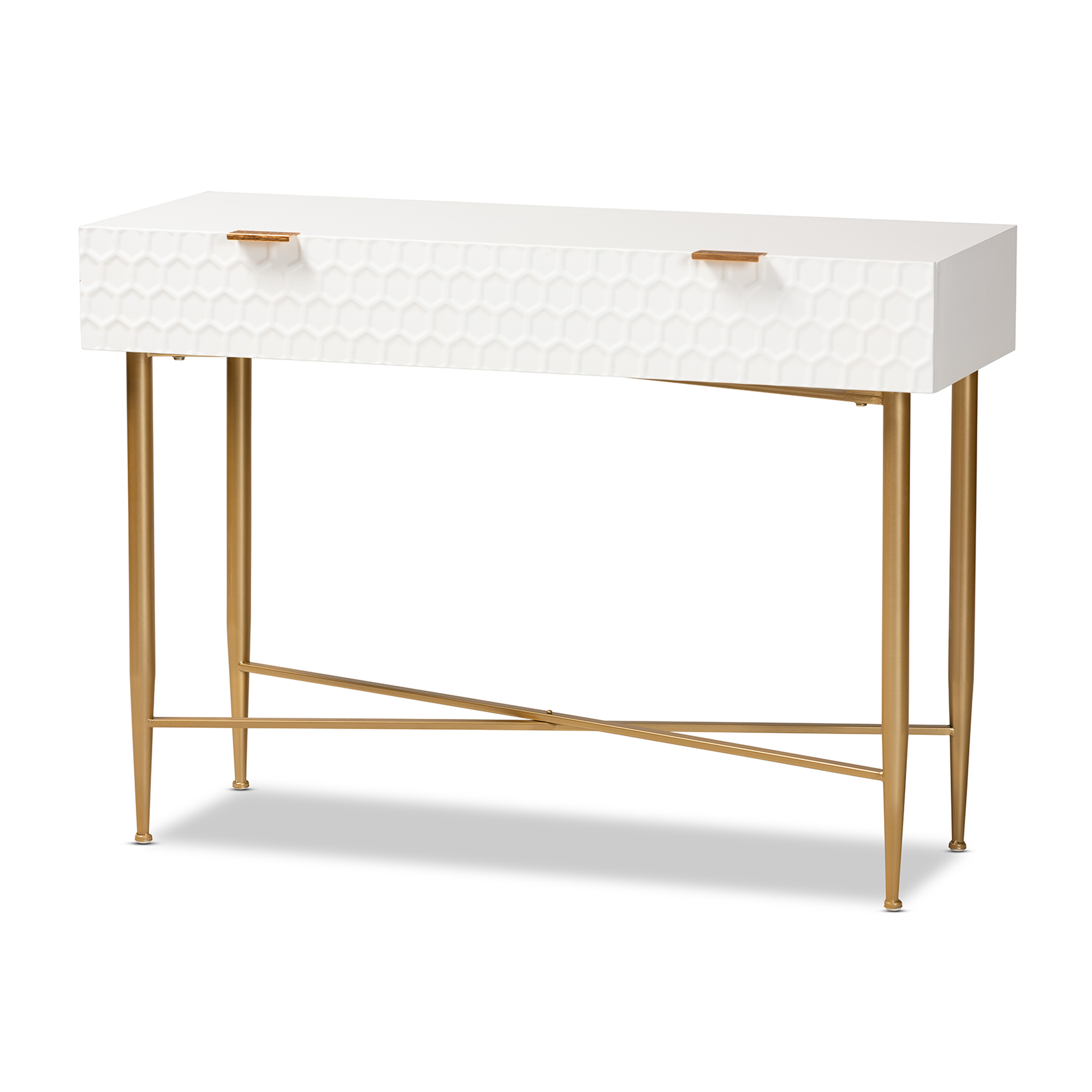 Baxton Studio Galia Modern and Contemporary White Finished Wood and Gold Metal 1-Drawer Console Table